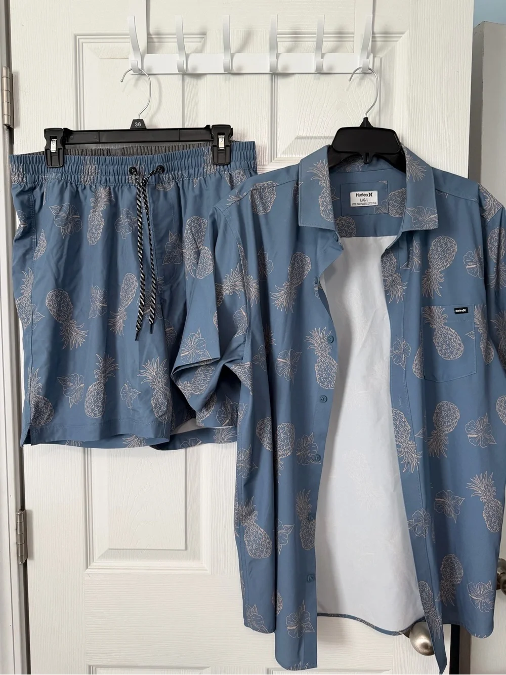 Hurley Blue Pineapple Print Button-Down Shirt and Swim Shorts Set